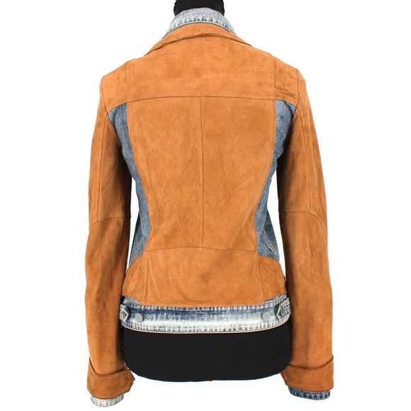 All Saints Frame Blue Denim Tan Suede Layered Jean Biker Jacket size 4 US 0 XS - Picture 6 of 7